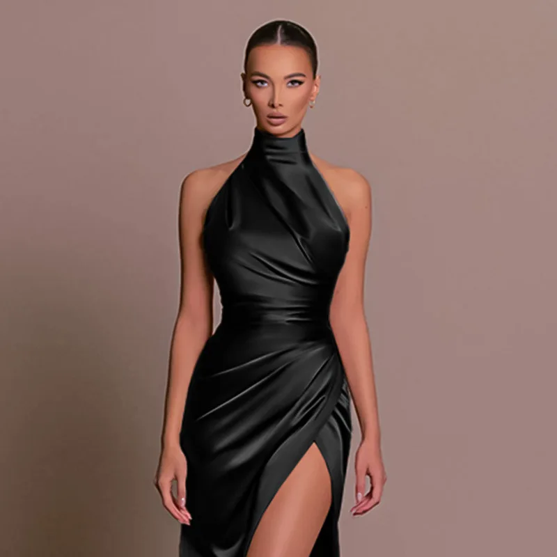 Elegant Luxury Party Evening Dress Sexy Women Sleeveless Long Halter Dress Summer Backless High Split Bodycon Maxi Dresses Black