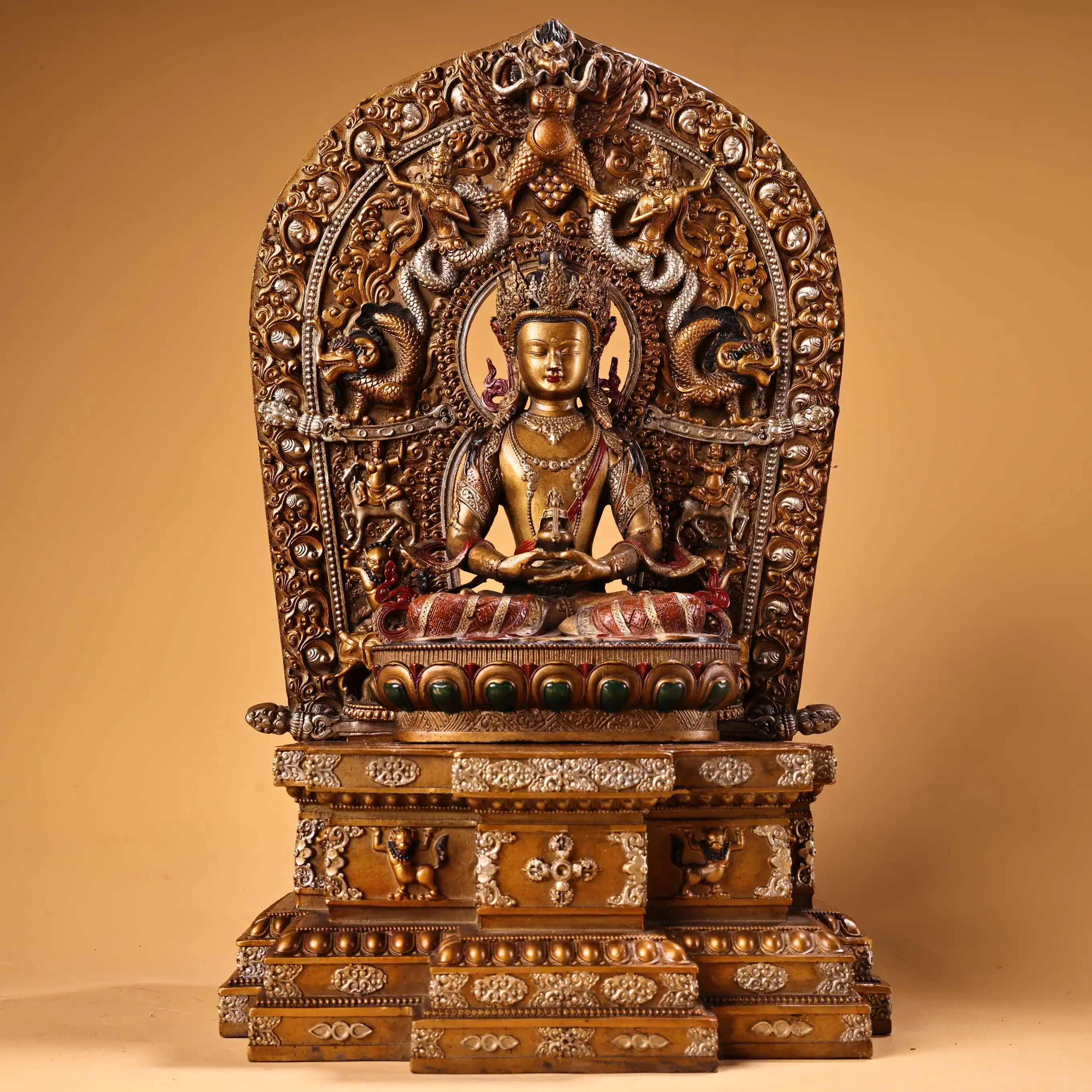 

16"Old Xizang Folk Collection Old Bronze Painted High Relief Longevity Amitayus Buddha Platform Buddhist Niche Worship Hall