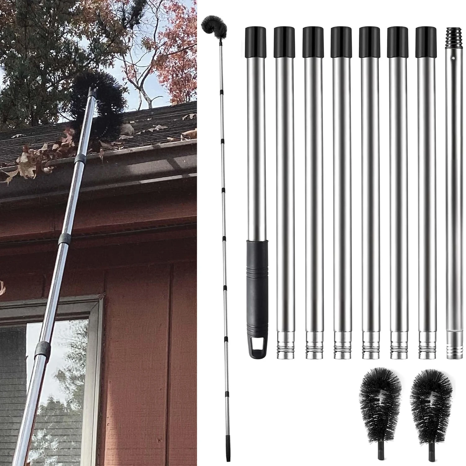 Rain Gutter Cleaning Tools from The Ground, Long-Reach Brush with Pole for Removing Leaves Debris from Roof Gutters