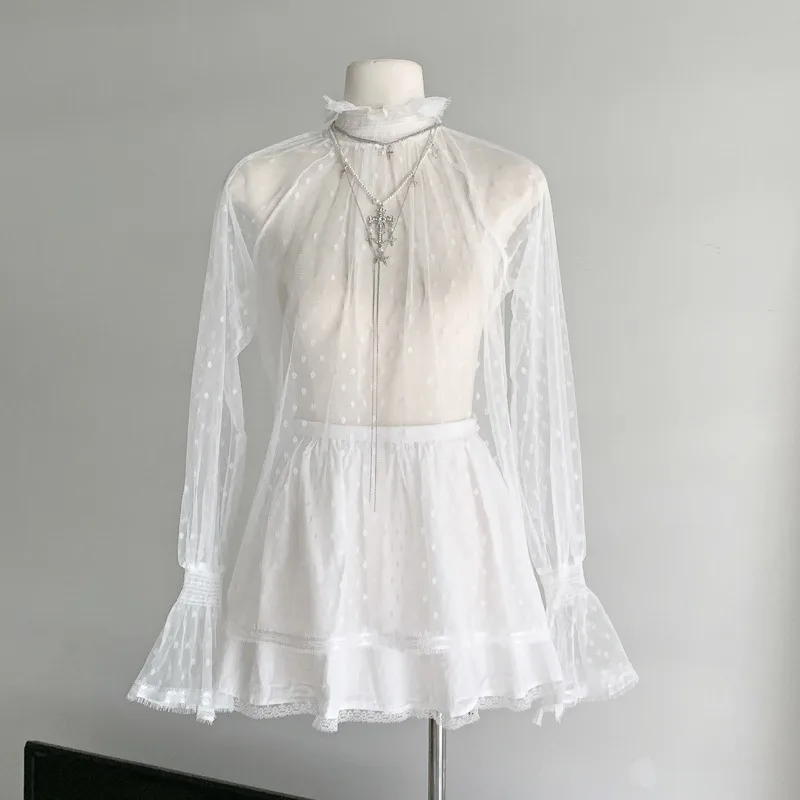 New Soft Long Sleeve Lace Shirt Hollow out Design Women's Base Shirt Transparent Floral Pure Desire Style Wind Shirt