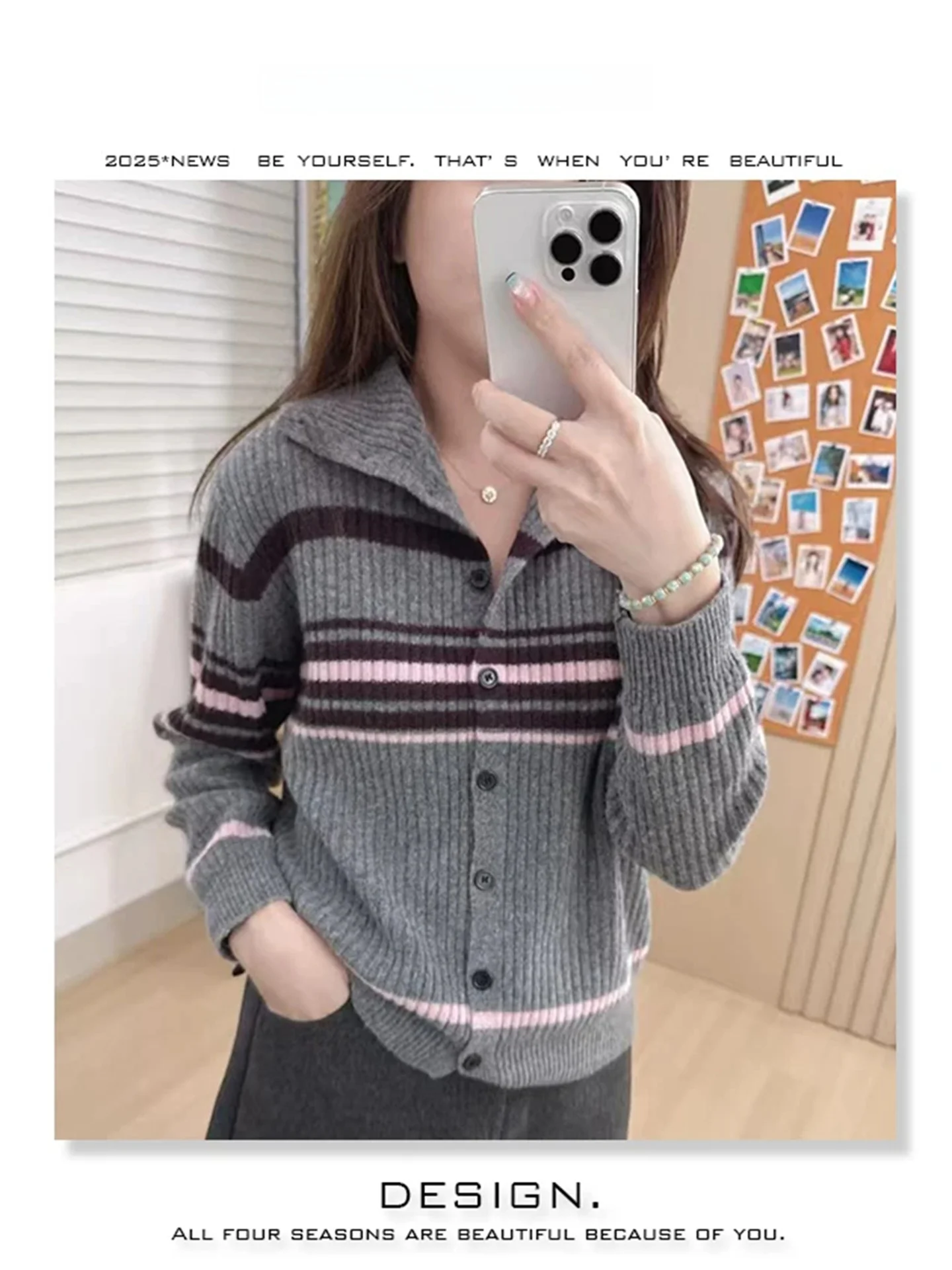 

Korean Sle Striped Knitted Jaet Collared Versatile Beautiful Women's Sweater Winter Faionable Outerwear Long Sve