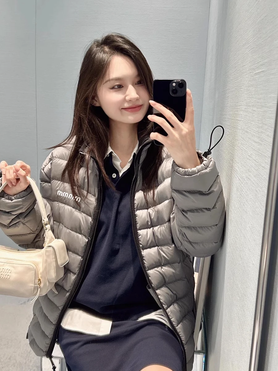 Lotton High-Defn Autumn Winter New Sle Embroidered Letter Logo Zipper Bright Surface down Jaet Stand Collar Women