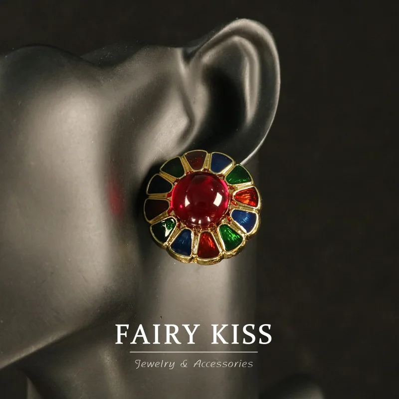 Palace Style Color Handmade Enamel Glaze Inlaid Exquisite and Versatile Earrings Retro Backflow High-Grade Temperament