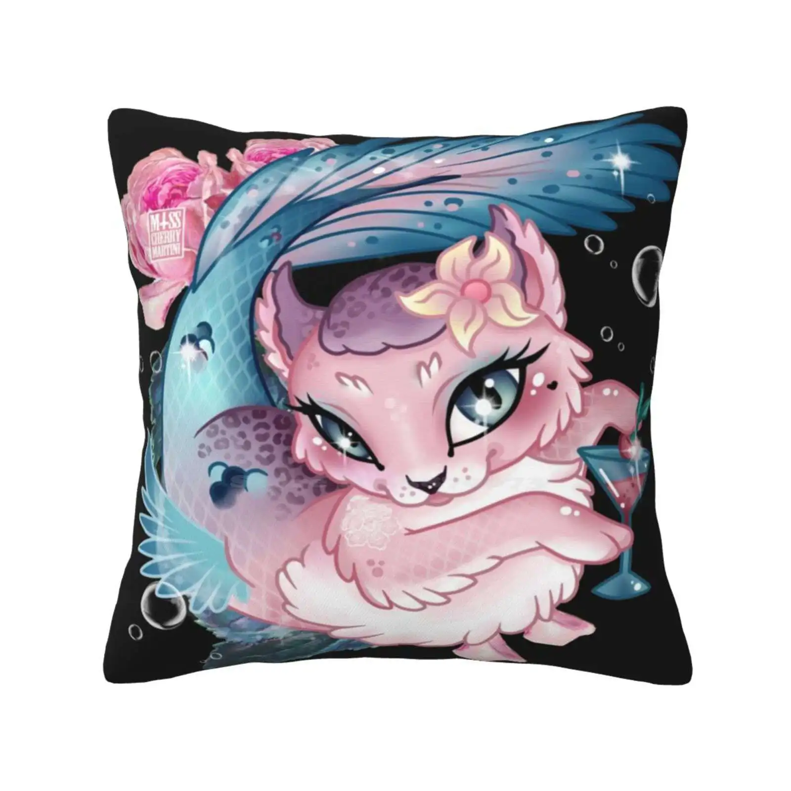 Pretty Little Purrmaid Funny Cute Decor Square Pillowcase Mermaid Cat Merkitty Purrmaid Kawaii Under The Sea Siren Miss Cherry