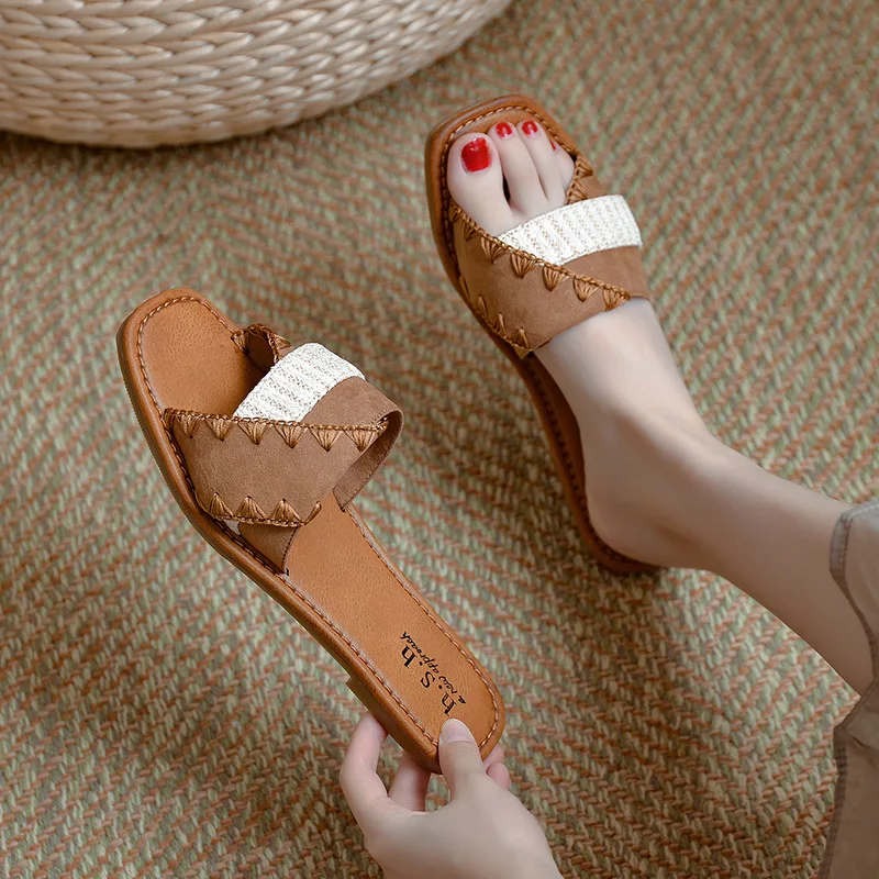 

Summer Fashion Slippers Women Square Toe Casual Flat Sandals Luxury Brand Patchwork Travel Outdoor Beach