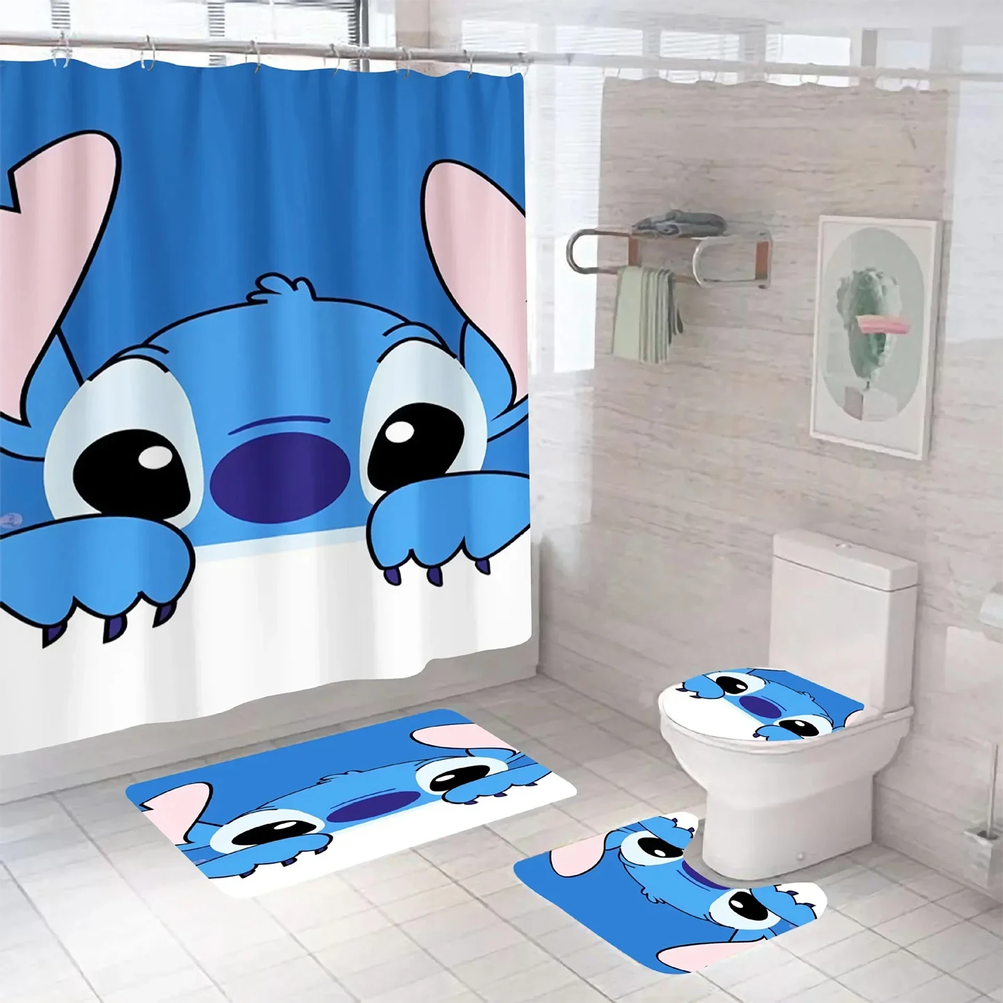 

Disney Lilo Stitch Bathroom Shower Curtain Waterproof Curtains in The Bathroom with Hook Set Soft Bath Mat Toilet Carpet Rugs