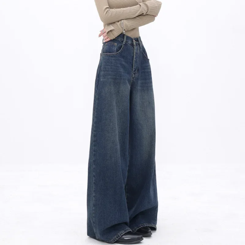 American Vintage High Waist Oversized Jeans Pants for Women Casual Baggy Y2K Wide Leg Grunge Streetwear Blue Denim Trouser