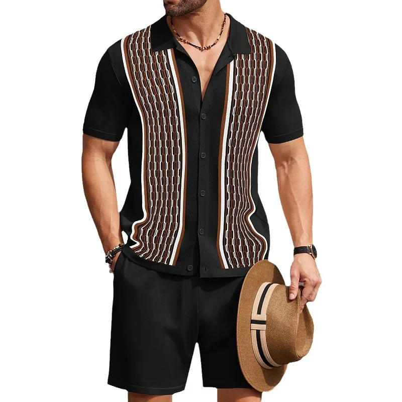 Summer Vintage Men's Patchwork Crochet Shirts and Shorts Sets Casual Daily Shirts Outfits Men Hawaii Holiday Outdoor Suit M-3XL