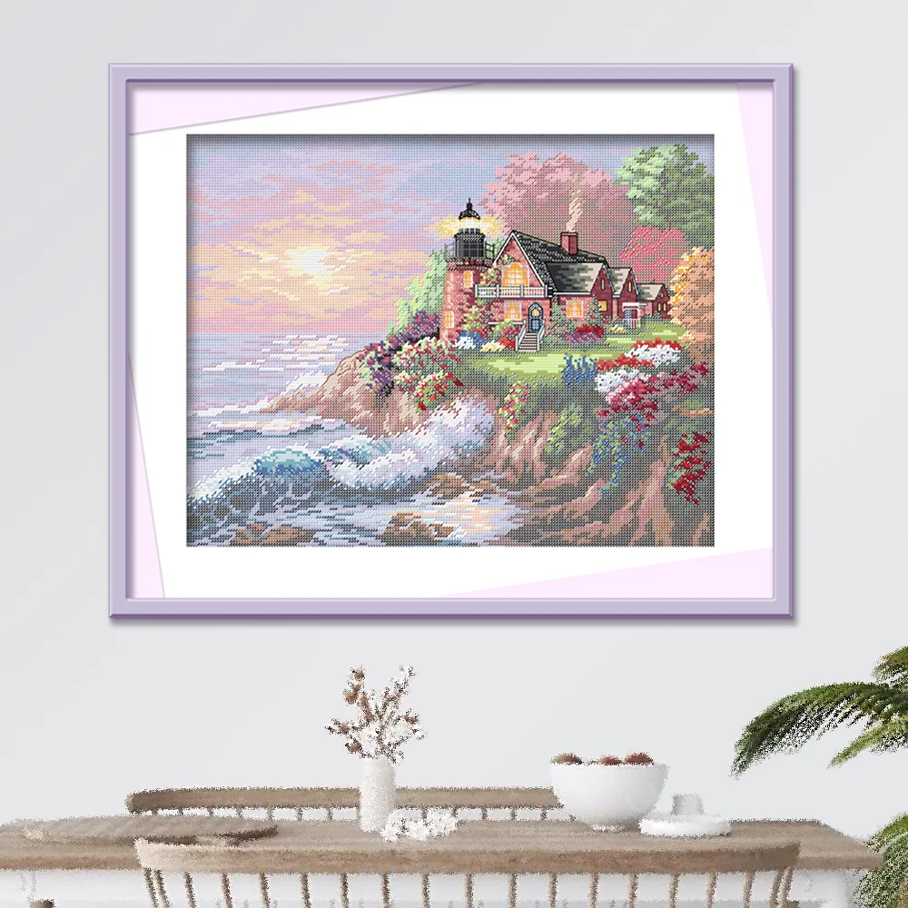 

Современный простой набор для вышивания крестиком: Сцена с маяком, ручная работа, хлопковые нитки, настенное искусство для спальни и гостиной, вышивка своими руками