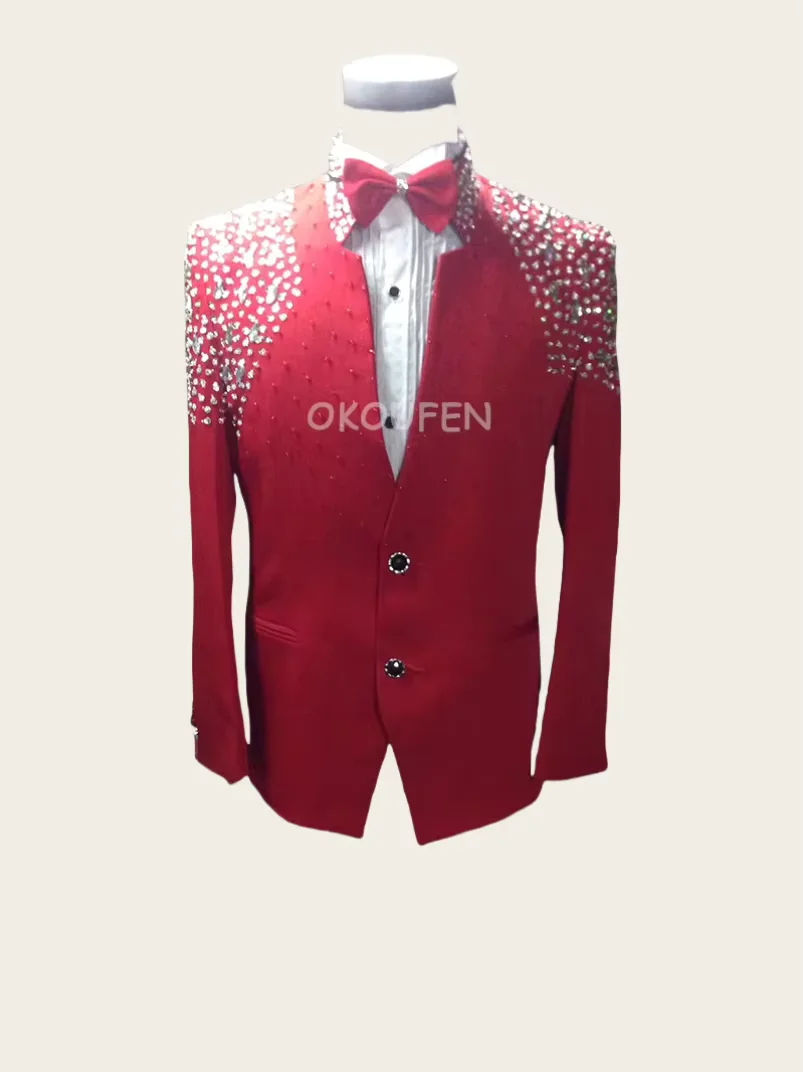 Customized Handmade Men's  Sequins Hot-drill Suit Jacket Chorus Host Singer Formal Dress Party Stage Show Theme Wear