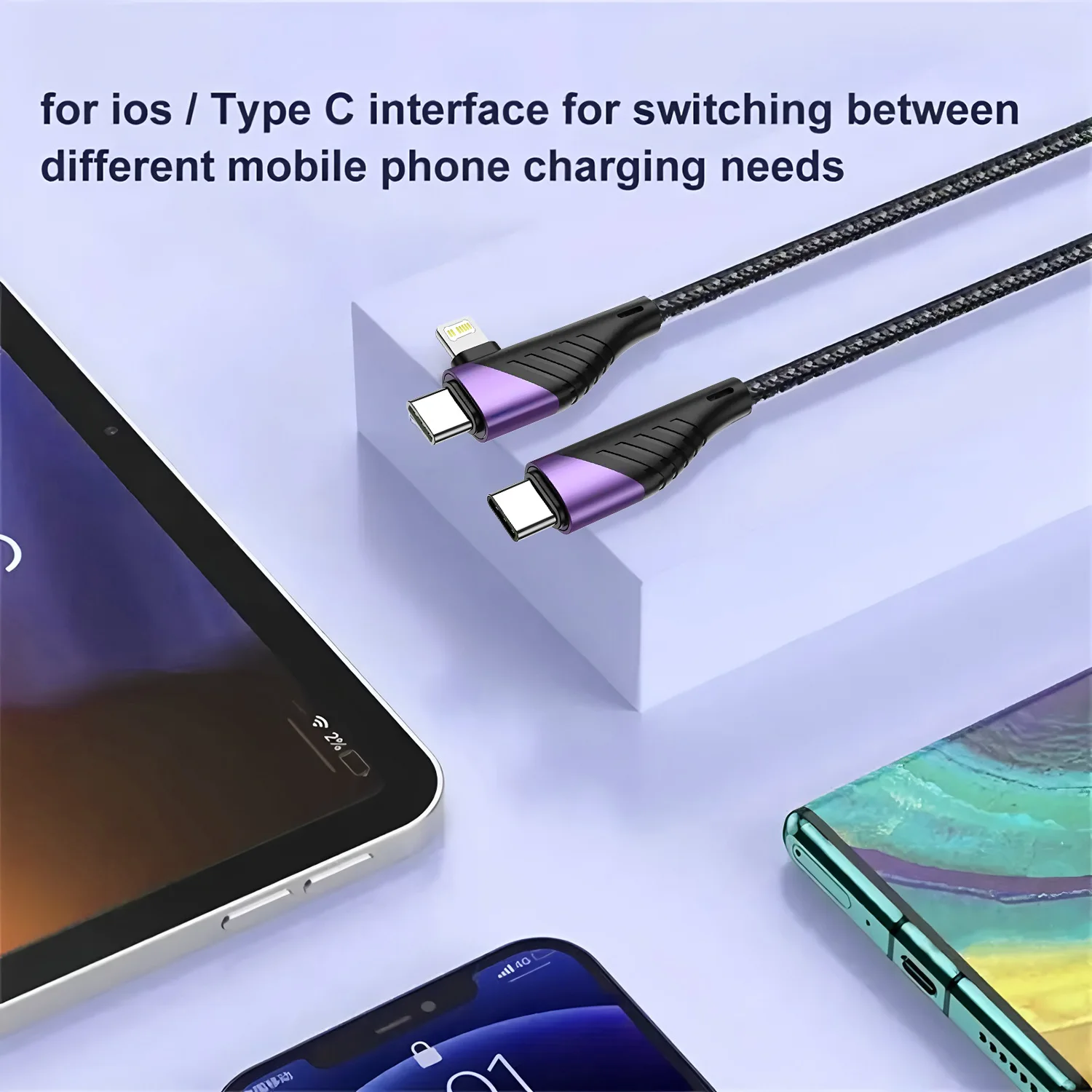 90 Degree Angle 2 in 1 Type C Charger USB Cable Type C Lighting Fast Charge Cable For iPhone 17 16 15 Pro Max iPad Xiaomi Huawei view 3