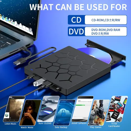Imagen 1 del producto Unidad de CD DVD externa, grabador de CD ultradelgado USB 3,0 con 4 puertos USB y 2 ranuras para tarjetas TF/SD, unidad de disco óptico para ordenador portátil Mac PC