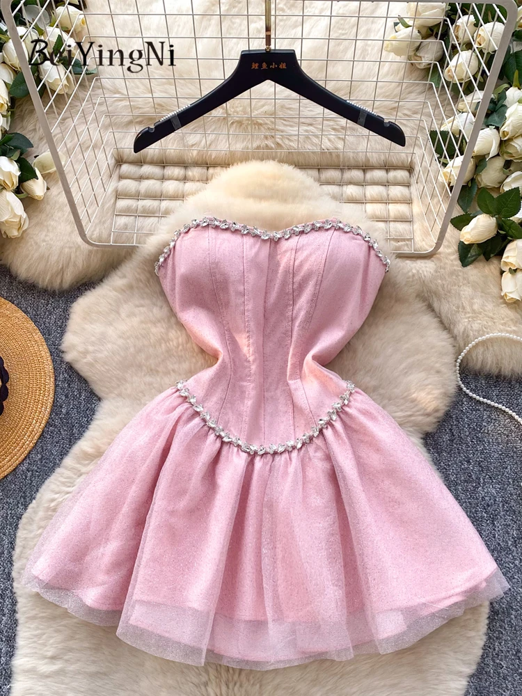 Beiyingni 2026 primavera novo estilo vestido de festa feminino indústria pesada miçangas aniversário curto tutu vestidos luxo malha vestido sem alças