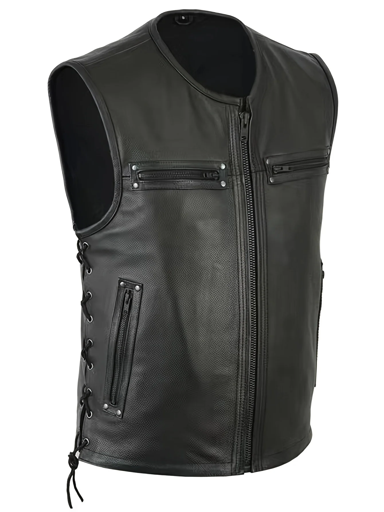 Men Solid Color Vest Motorcycle Fleet Punk Leather Vest Coat Sleeveless O-Neck Zipper Slim Jacket Autumn Work Coats Male Wear