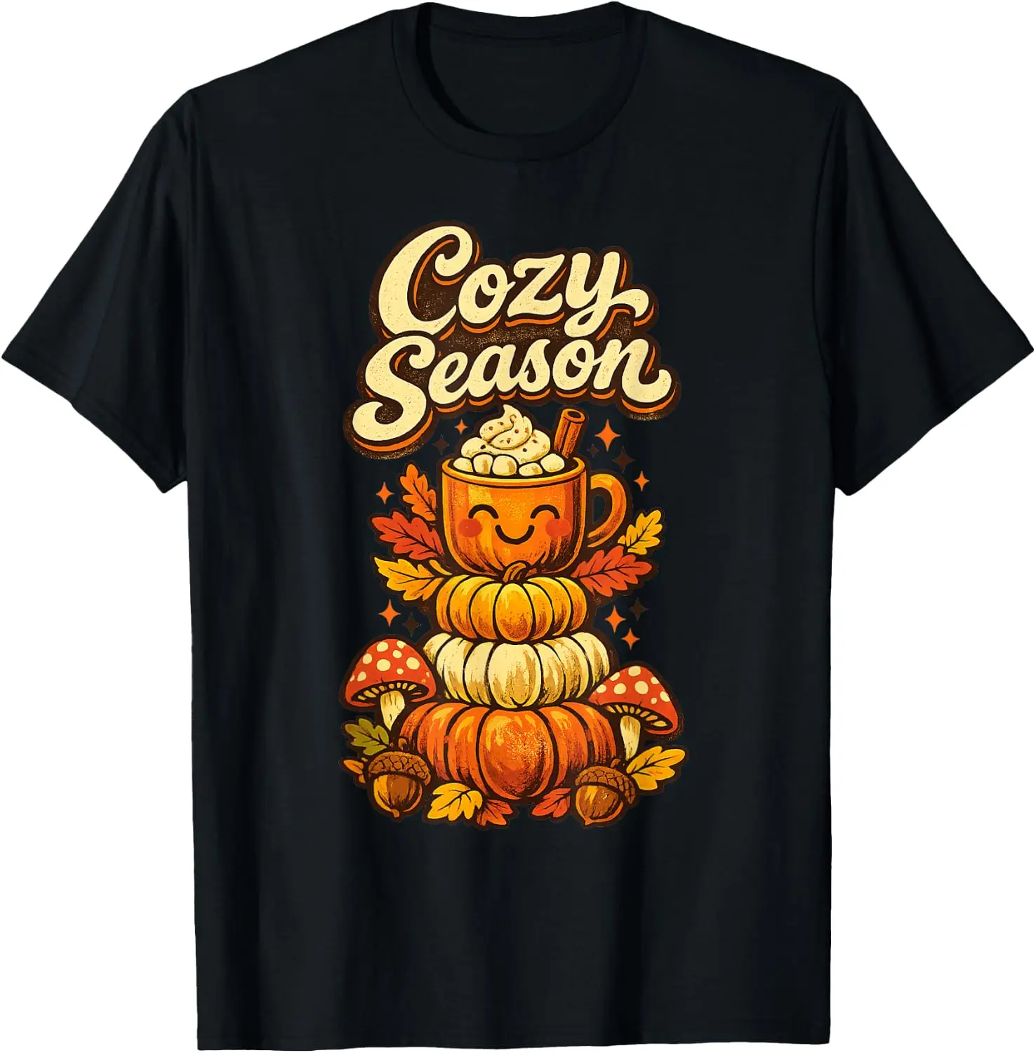 Cute Cozy Season Pumpkin Coffee Autumn Fall Design T-Shirt