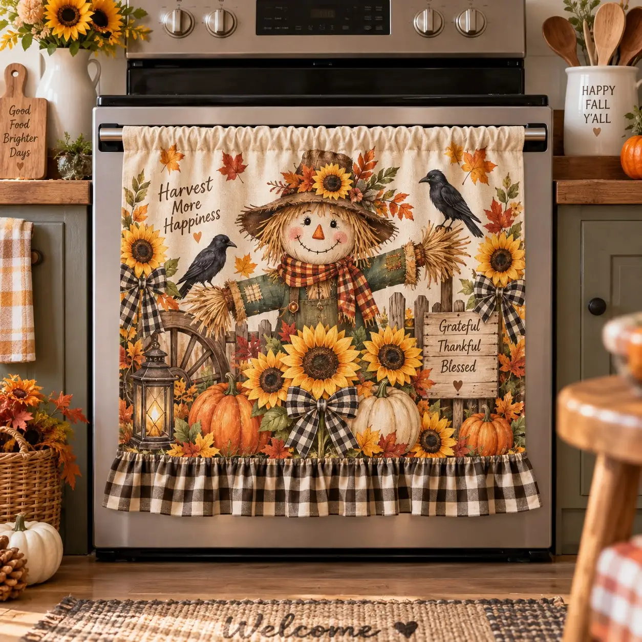 Thanksgiving Scarecrow Harvest Oven Curtain With Ruffled Hem, Sunflower Pumpkin Crow Maple Leaf Buffalo Plaid Bow Lantern Quote Print Kitchen Oven Skirt, Mount Design, Cream Background Fall Decor, Rustic Farmhouse Pattern For Kitchen Stove