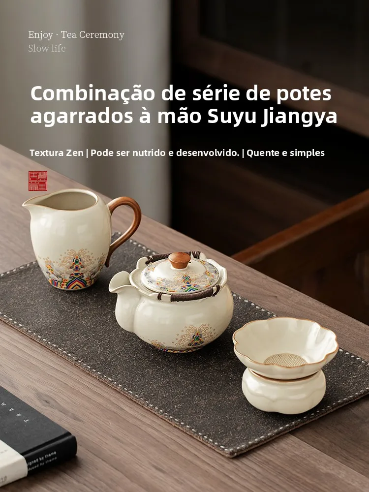 プレミアムハンドヘルドティーポットティーセット3点セット、功夫茶醸造用高級セラミックティーポット、一人用