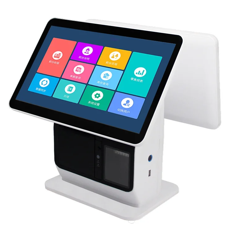 

POS-система 15,6-дюймовый двойной экран Магазин чая с молоком Кассовый аппарат Сканер с сенсорным экраном Принтер для оплаты Белый POS-машина