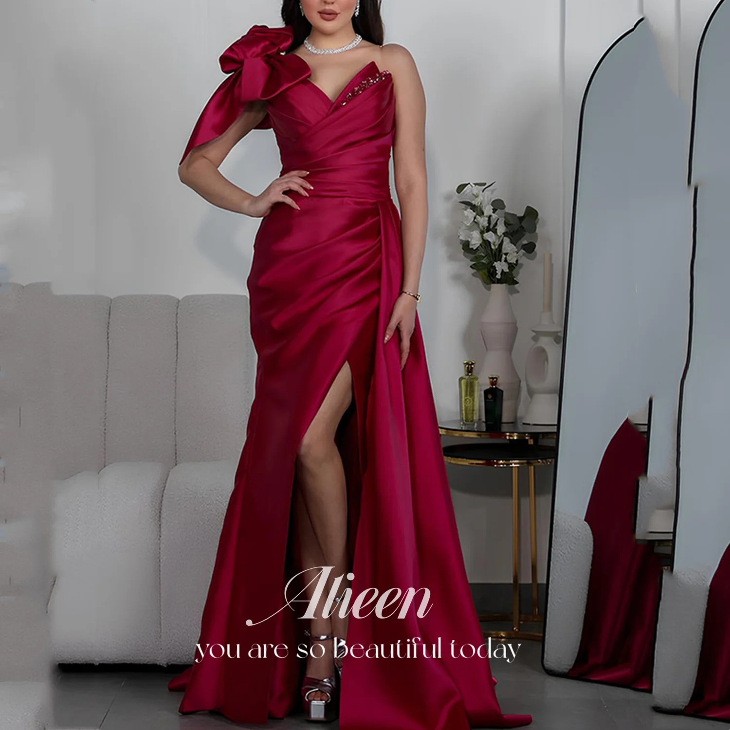 Aileen personalizado vestidos de baile 2025 cetim luxuoso vestidos de noite femininos rosa vermelho فسات -.ṁ brincos de festa fenda lateral