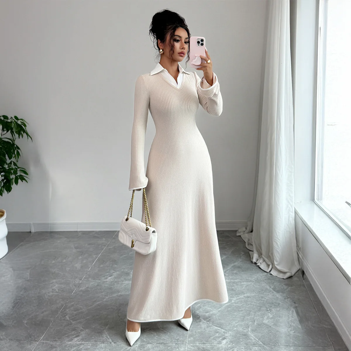 Estilo simples e elegante cor sólida manga comprida saia vestido roupas femininas 2025 lange kleider vestidos de mangá larga