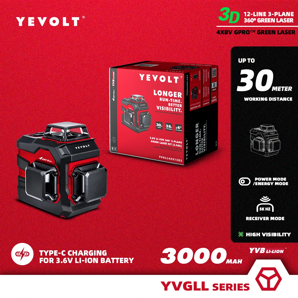 

YEVOLT YVGLL4XS12 3-Plane Green Laser Level with 3.6V 3.0Ah Li-ion Battery 12-Line 3D Self-Leveling Horizontal & Vertical Tool