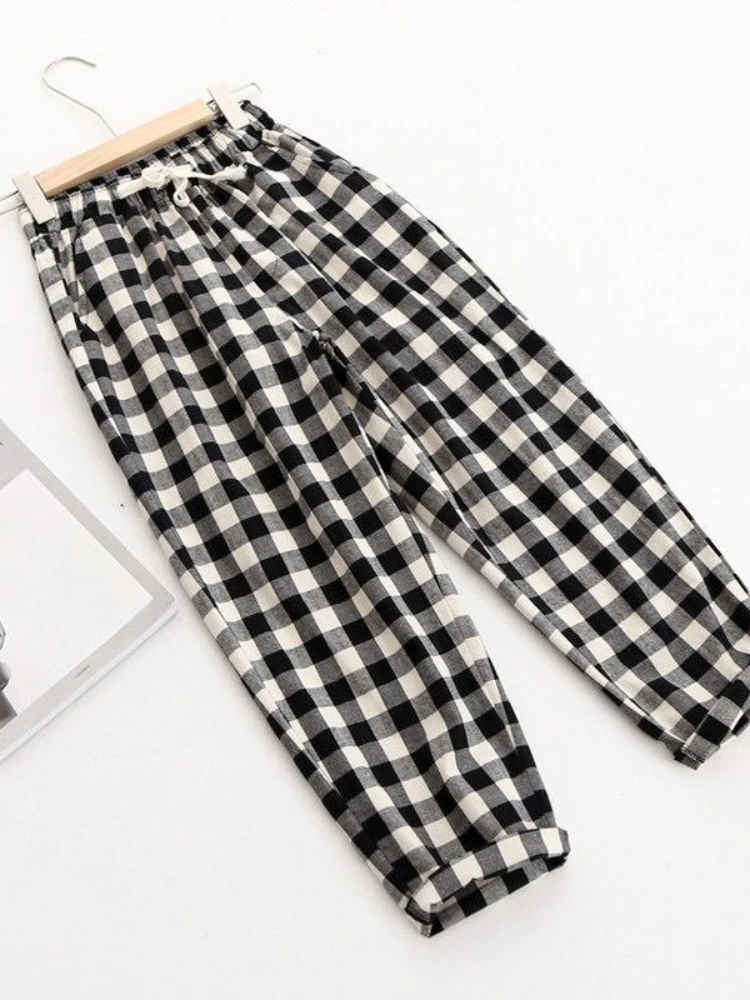 2024 Spring Summer Plaid Pants Women\'s  Harem Pants Capris Drawstring Waist Large Size Casual Loose Cotton Linen Trousers Women