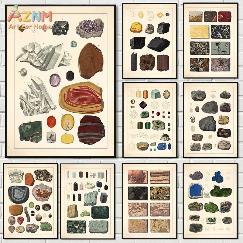 AZNM Vintage Mineral Crystal Geology Canvas Wall Art Antique Rock Gemstone Chart Print Frameless Canvas Painting Study Room Home