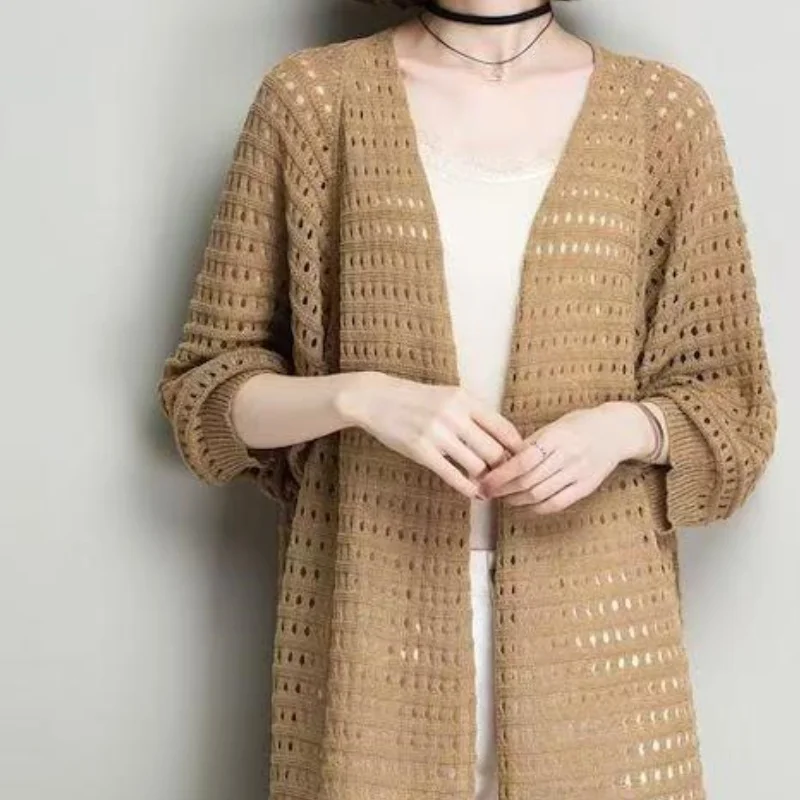 V-Neck Hollow Out Knit Long Cardigan Loose Batwing Sleeve Women\'s Coat Autumn Elegant Casual All-Match Retro New Chic Sweater