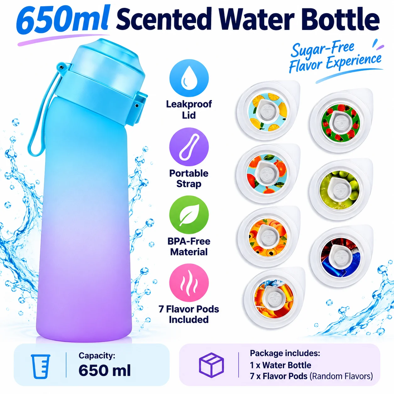 Butelka na wodę o pojemności 600 ml, zapachowa, z 7 różnymi smakami, wykonana z tworzywa Tritan, szczelna, z wbudowaną słomką, przenośna, idealna do uprawiania sportu, na siłownię, w podróży, do