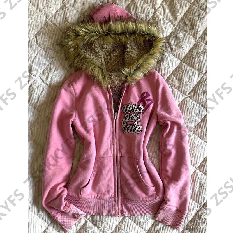 Vintage y2k carta hoodie rosa harajuku roupas de inverno 90s sweatshirts zip-up casaco quente menina japão bonito mangas compridas com capuz emo