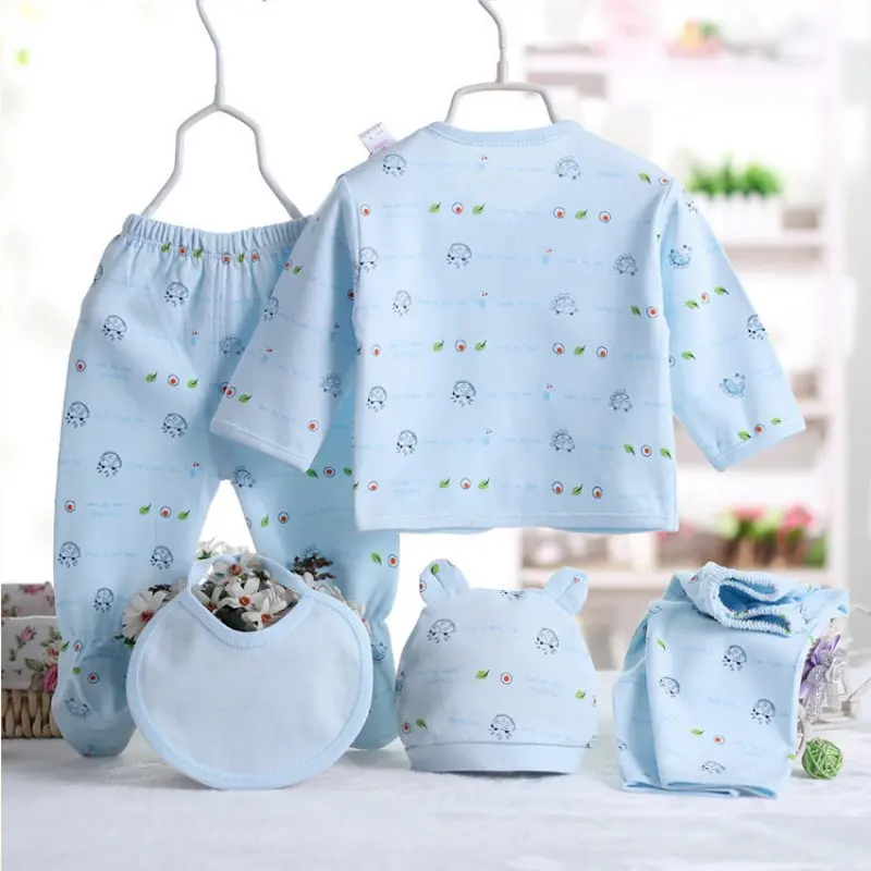 5pcs Newborn Baby 0-3m Clothing Sets Baby Boy Girl Top 2 Pants Hat Bibs Clothes Cotton Cartoon Underwear Infant Breathable Suit