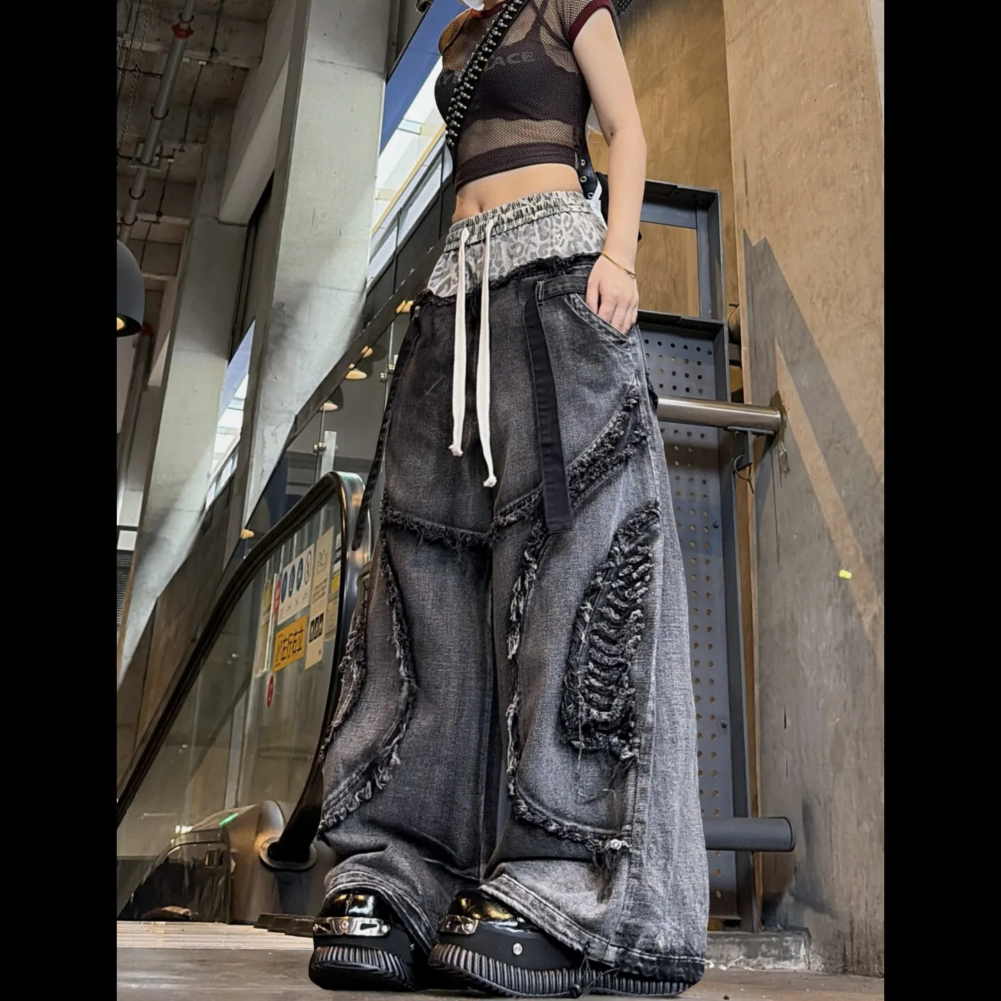 Womens Leopard Panel Jeans Double Waistband Ripped Wide Leg Denim Pants with Ties for Hip Hop Dance Performances