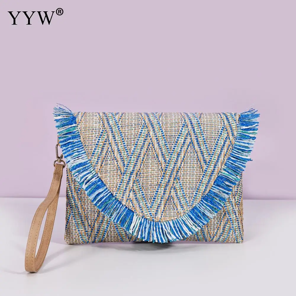 Raffia Woven Clutch Women\'S Fashion Tassel Dinner Straw Bag Woman Summer Casual Vacation Handbags Female Large Purse Pouch 2023