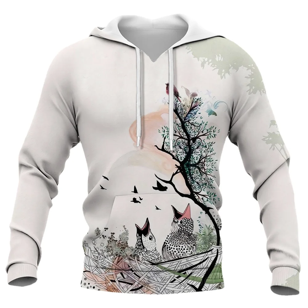 HX New Fashion Hoodies Ink Painting Animals Plants Birds 3D Printed Sweatshirts Men Women Casual Streetwear Harajuku Hoodie