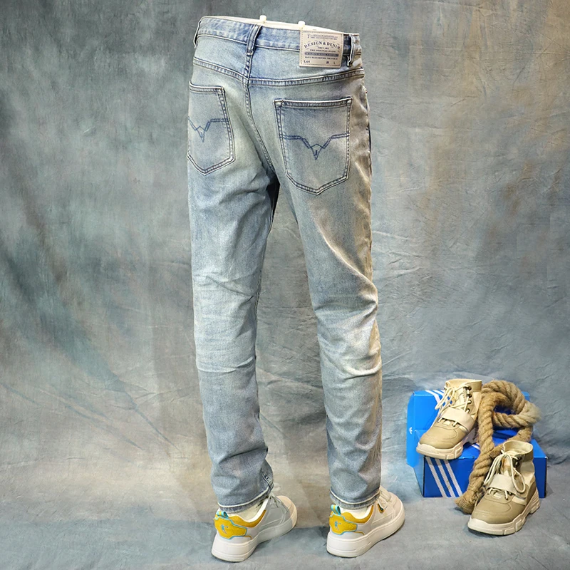 

Italian Style Fashion Men Jeans Retro Light Blue Stretch Slim Fit Ripped Jeans Men Vintage Trousers Designer Denim Pants Hombre