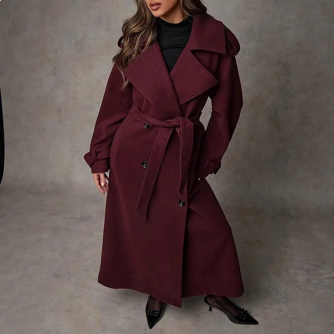 Damen Doppelreihiger Trenchcoat Langer Wollmantel Winter Warme Oberbekleidung Jacke