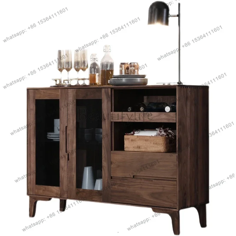 

yj9 North American black walnut dining side cabinet light luxury tea Nordic solid wood against the wall Living room cupboard loc