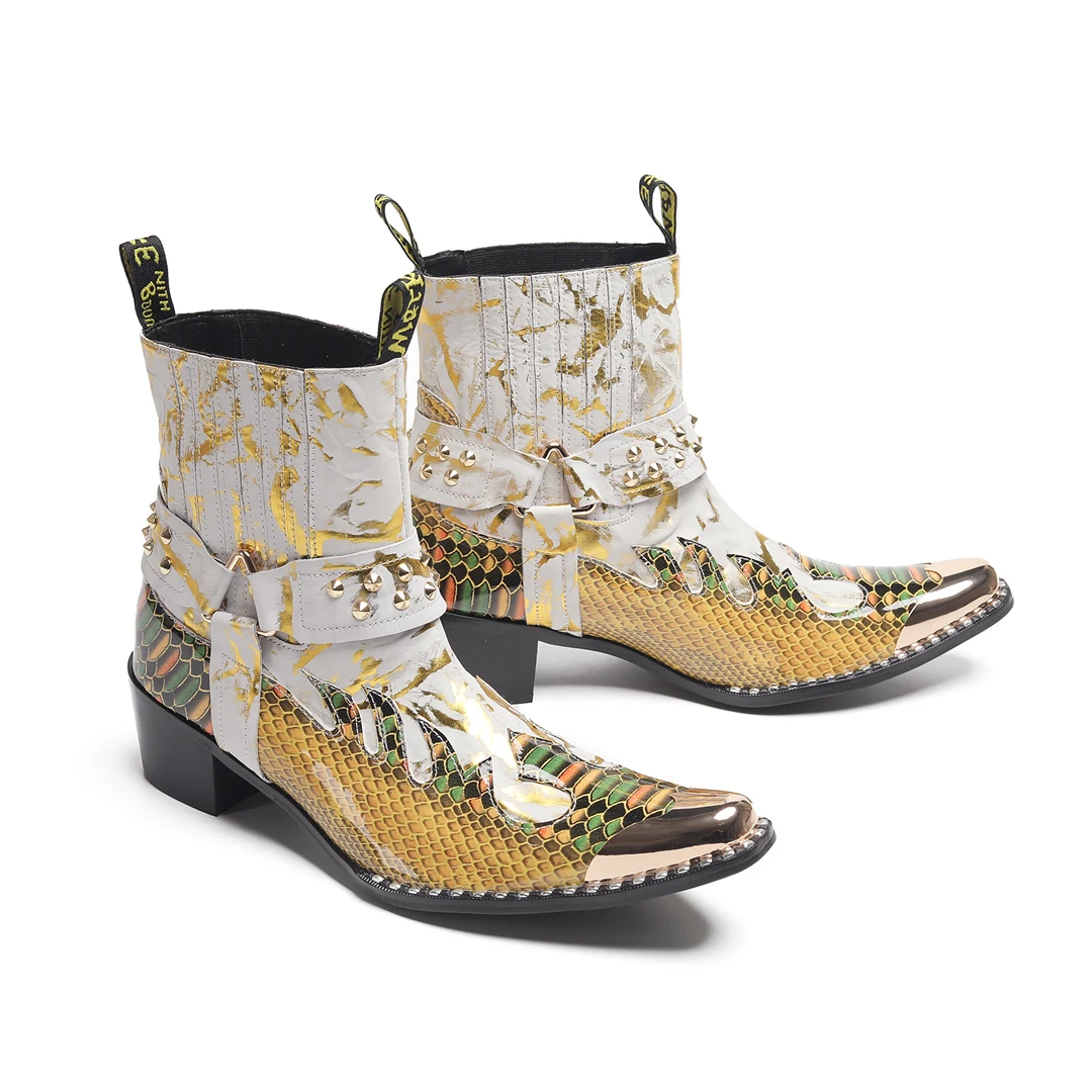 Herren-Designer-Stiefeletten aus echtem Leder mit Metallspitze, Nieten-Dekor und Print, Übergrößen, Cowboy-Motorrad-Schuhe für Business – Detail 10