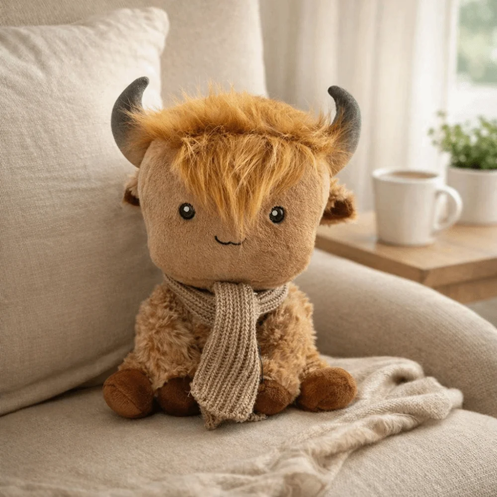 

Knitted Scarf Scottish Highland Cow Plush Cute Fluffy Removable Scarf Cow Fluffy Doll Soft Stuffed Cow Stuffed Animal
