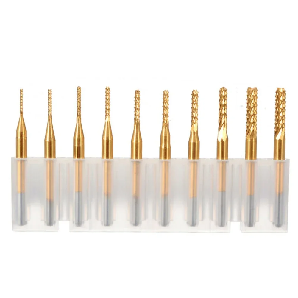 1/8" Shank End Mill 10Pcs set Bits Carbide CNC Coated Cutter Golden Milling Router High hardness High strength