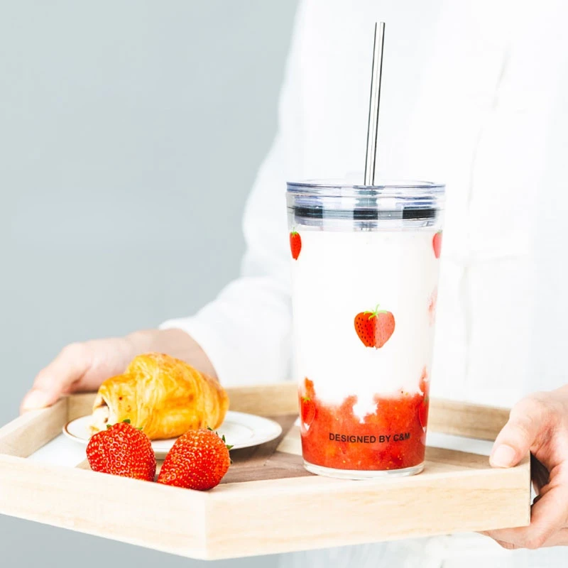 

Strawberry Glass Straw Cup Reusable Smoothie Cute Portable Juice Cup with Straw Water Bottle Minimalism Girls Drinkware