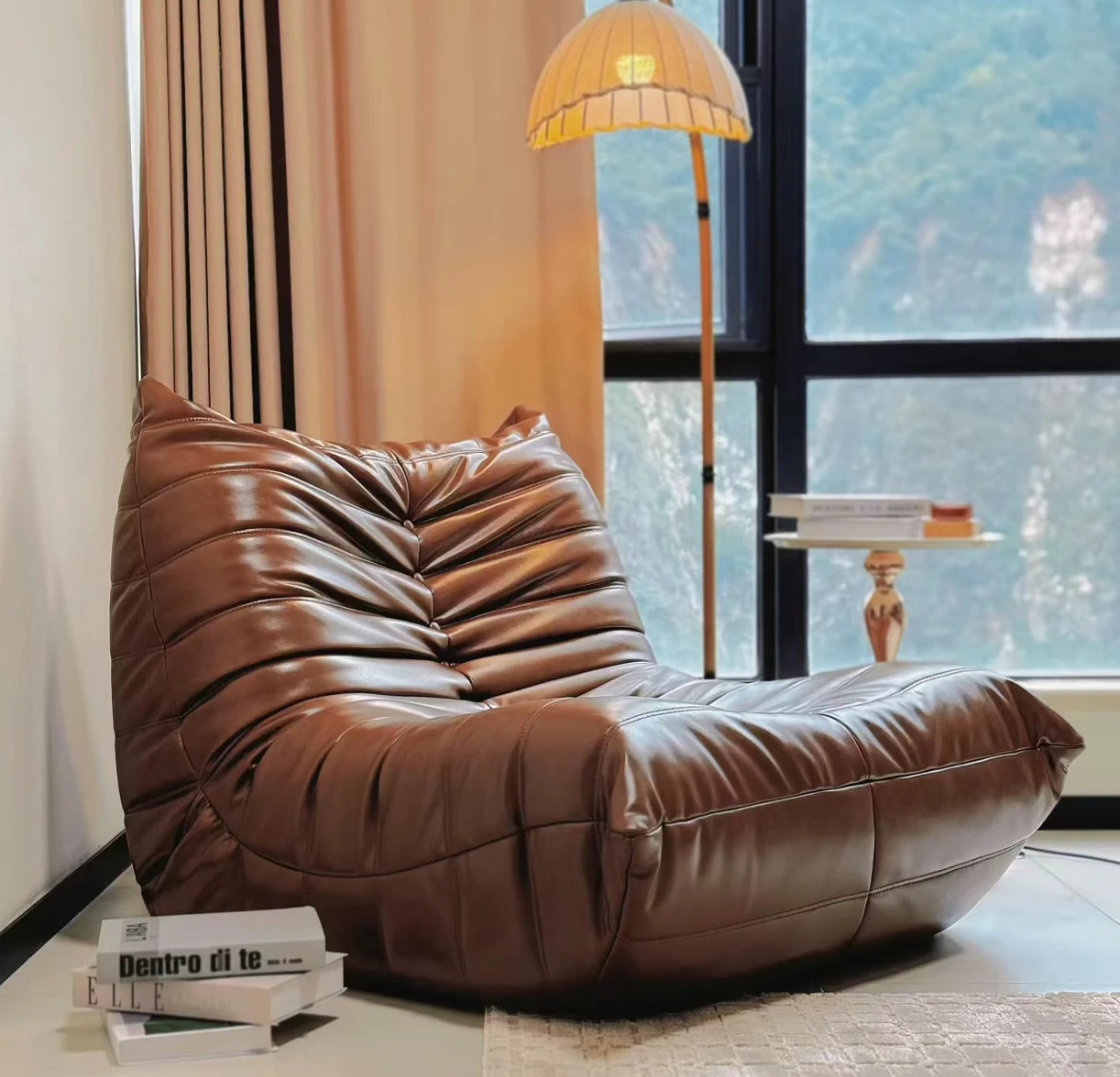 Real leather lazy sofa cream wind home leisure living room balcony on the floor lazy sofa can lie and sleep.furniture