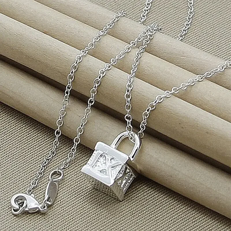 

CHUANGCHENG 925 Sterling Silver Solid Square Lock Pendant Necklace Chain Fashion Jewelry Accessories Necklace for Women