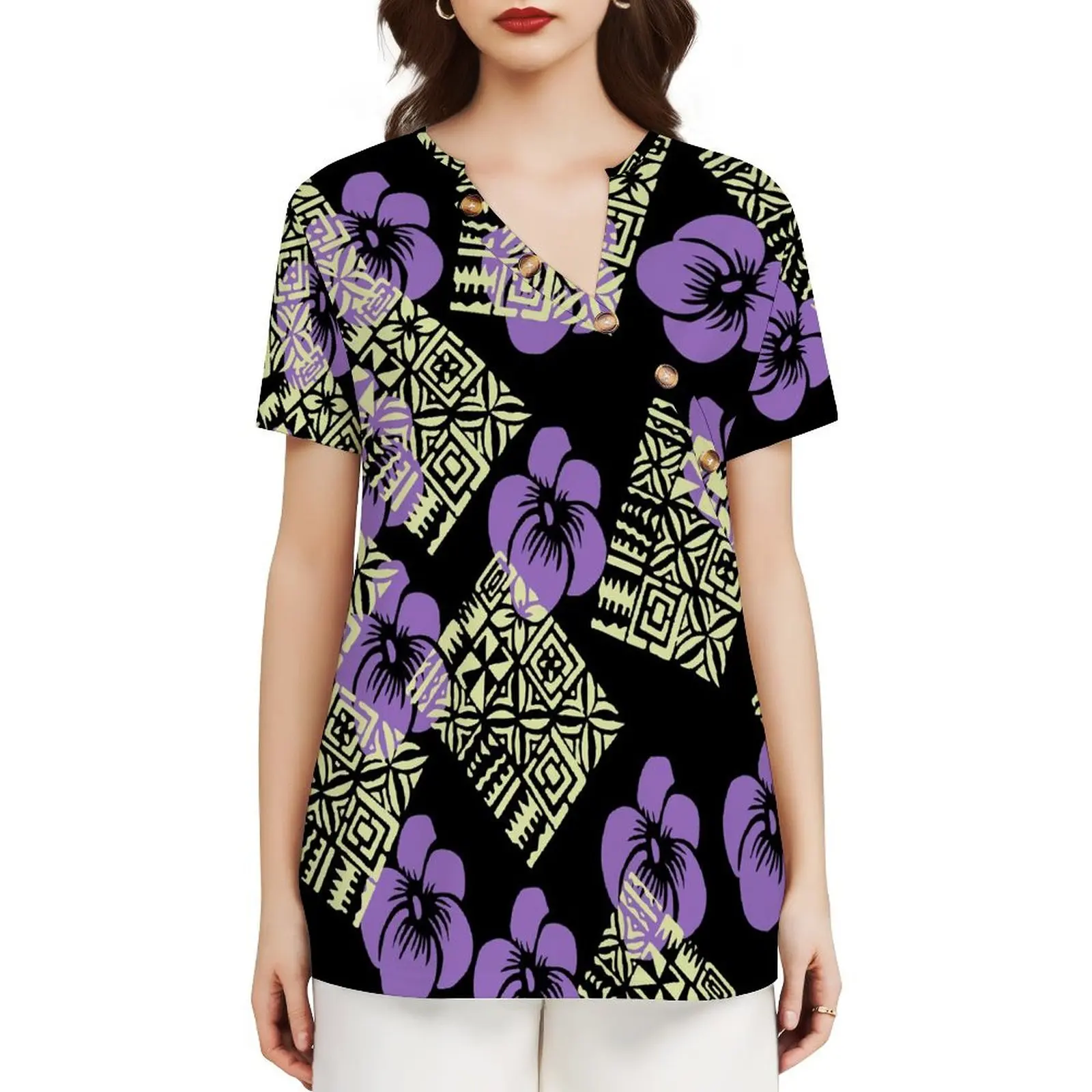 Chinese Style Diagonal Collar Button Design Short Sleeve Samoan Fijian Art Print Custom High Quality Polynesian Ladies Dress