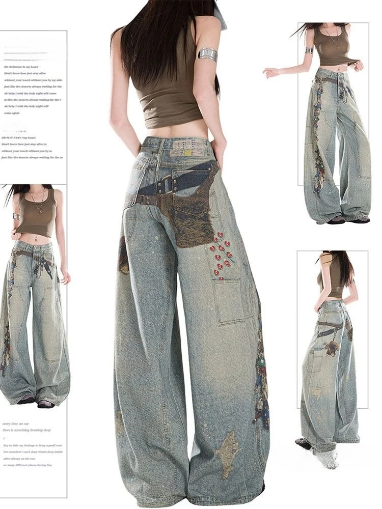 

American Vintage Jeans Print High Waist Design Streetwear Wide Leg Pants Y2k Spicy Girl Pantalones Casual Loose Women's Clothing