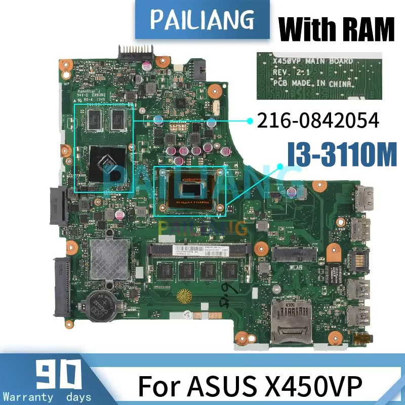 For ASUS X450C A450C X450VP Y481C A450V X450VB X450V BOARD I3-3110M 216-0842054 1G With RAM DDR3 Notebook Mainboard Tested OK