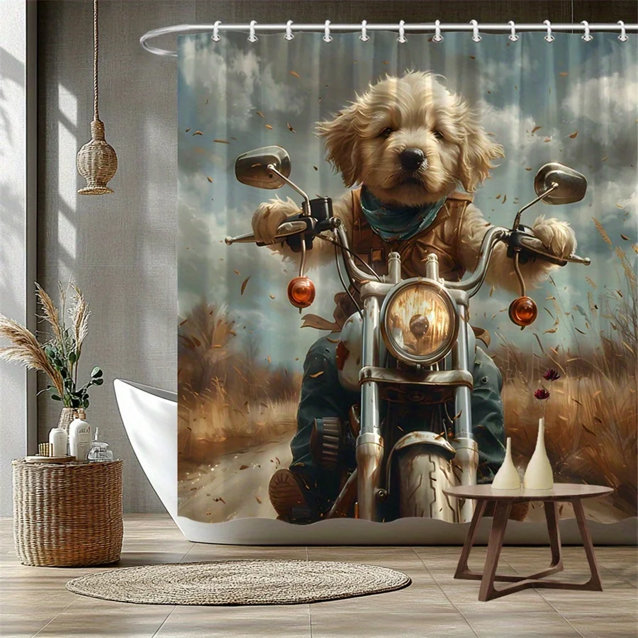 1pc Fluffy Puppy Riding Motorcycle Shower Curtain - Playful Adventure Design with Cream Dog in Brown Vest & Teal Scarf, Autumn B