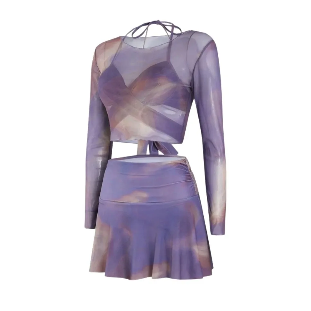 Sweet Tie-dye 3 in 1 Swimwear Set Sun Protection Beachwear Long Sleeve Swimsuit Purple camisole Bikini Bathing Suit Beach