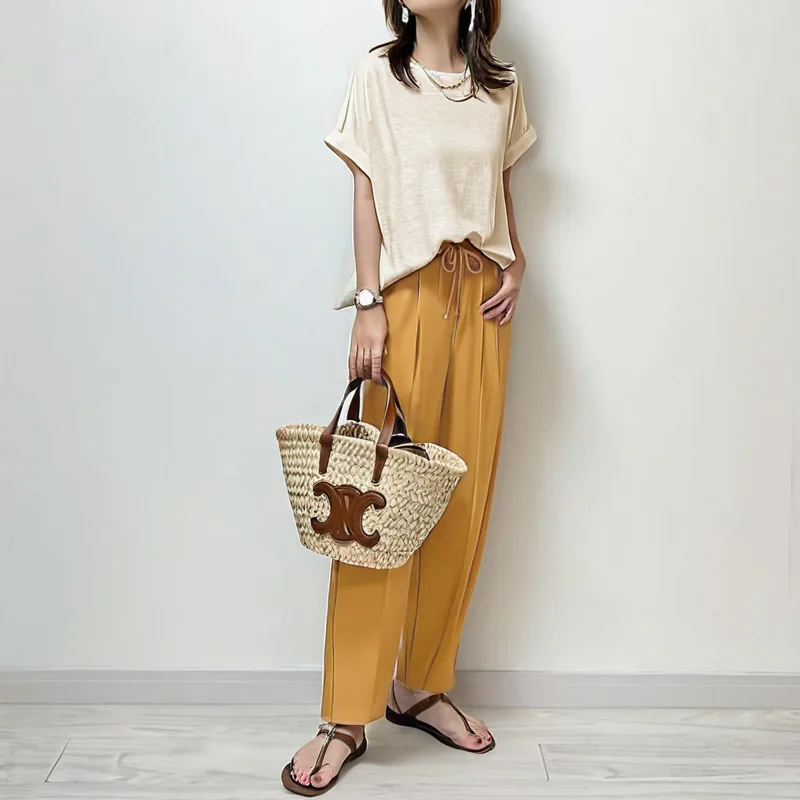 

2025 Summer New Round Neck Loose T-shirt with Strap Straight Pants