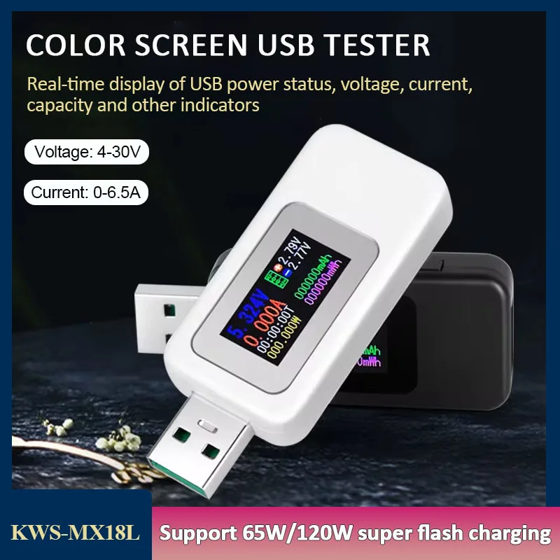 KWS-MX18L Color Screen USB Tester 4-30V 0-6.5A Digital Voltmeter Current Voltage Charger Capacity Detector Indicator